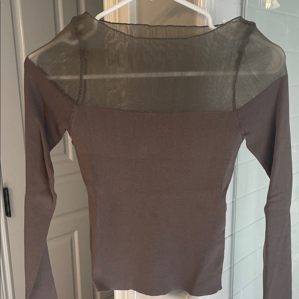 Zara Brown Long-Sleeve Top with Sheer Mesh Yoke in Taupe